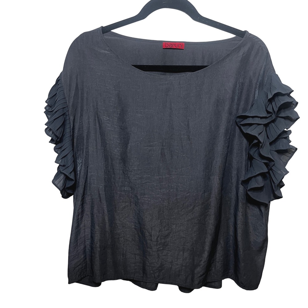 Baruni Women's Black Ruffle Short Sleeve Round Neck Top Size M Artsy Boxy